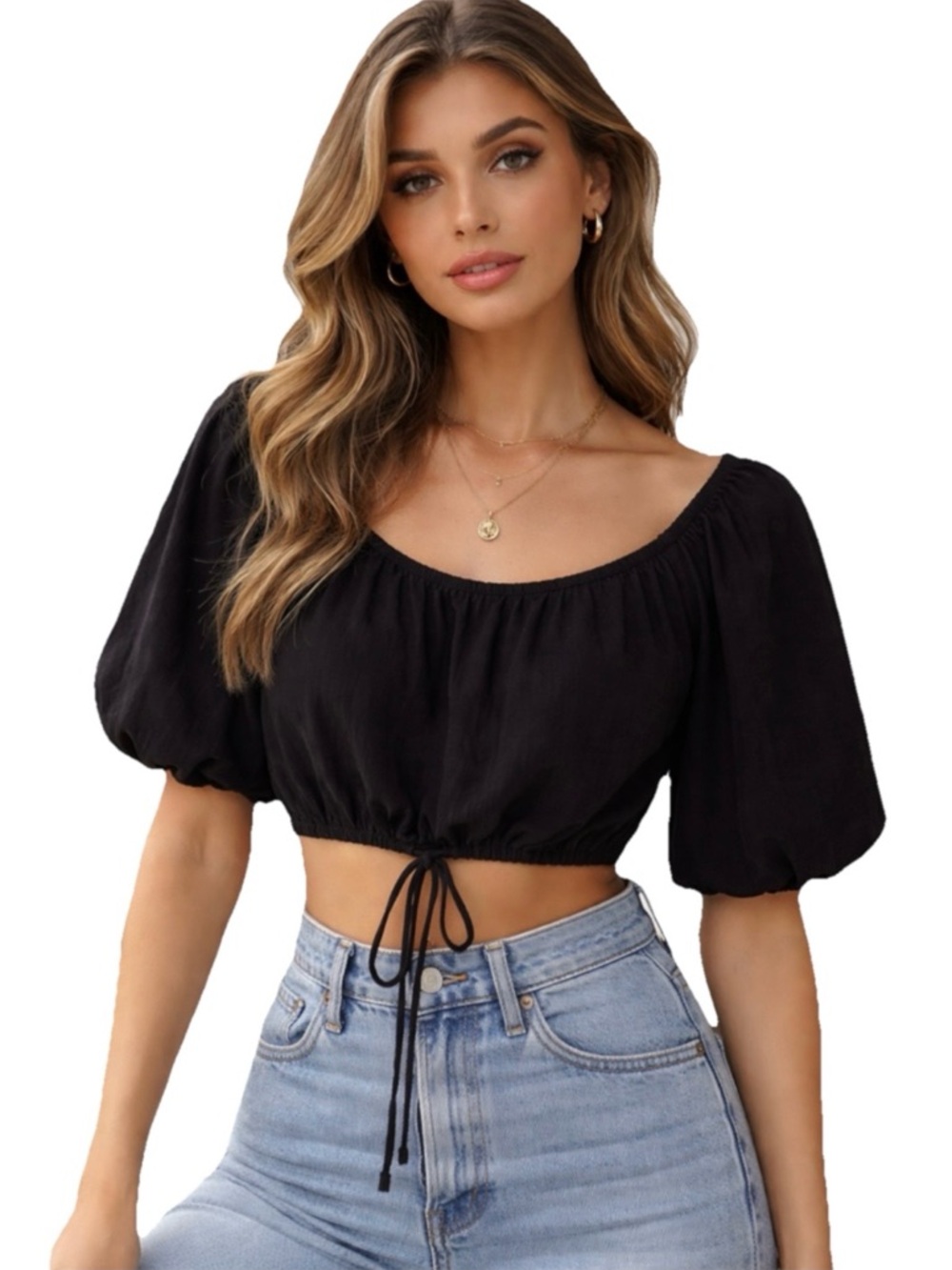 ASTR Puffy Sleeve Women’s Black Cotton Crop Top Size Large